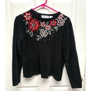 Alfred Dunner Sweater Christmas Poinsettia Crew Black Velour Grannycore, Size S